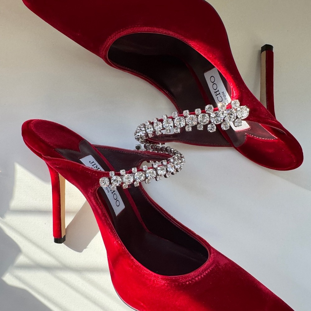 Jimmy Choo Red Velvet Heels with Crystal Embellishments - Picture 4 of 7